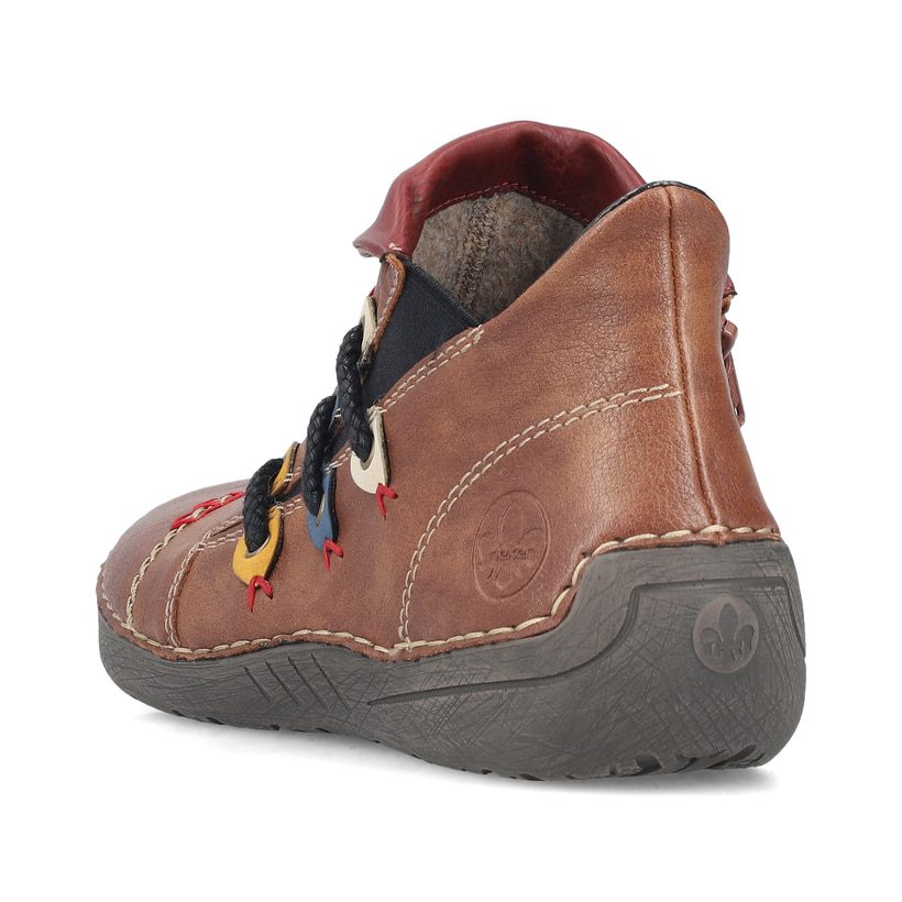 Zimtfarbene Rieker Damen Kurzstiefel 72581-21 mit farbenfrohen Details. Schuh von hinten.
