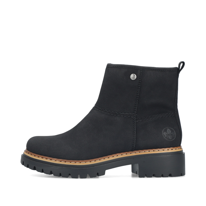 Tiefschwarze Rieker Damen Kurzstiefel 72671-00 mit einem Reißverschluss. Schuh Außenseite.