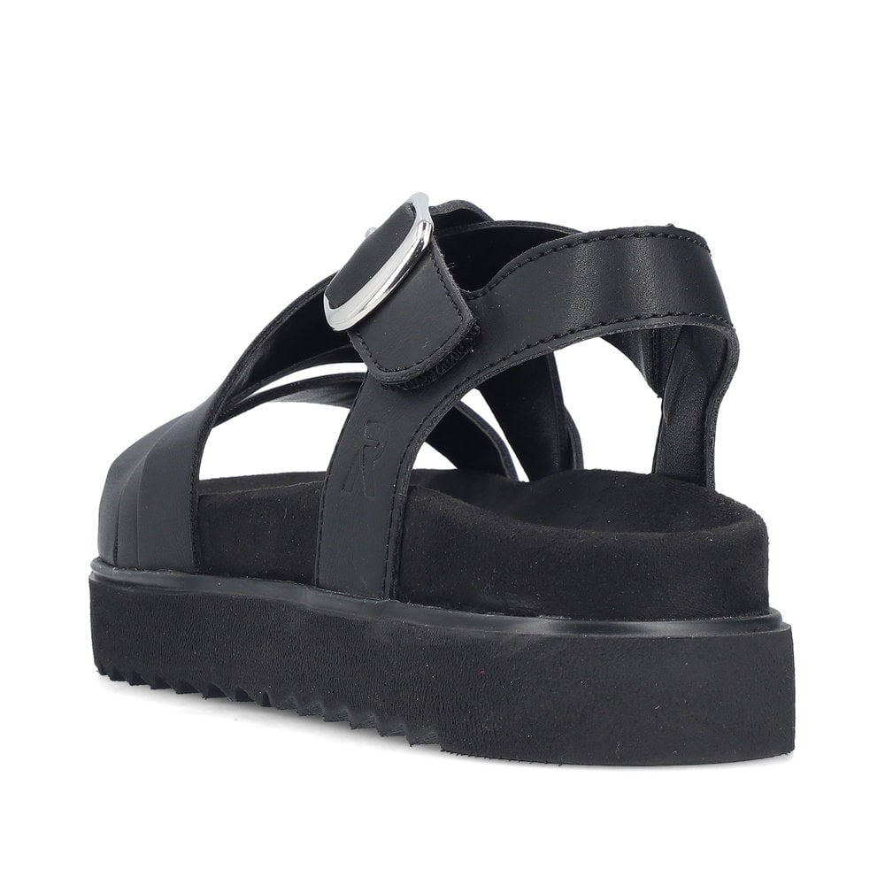 Schwarze Rieker Damen Riemchensandalen V5663-00 mit trendiger Schnalle. Schuh von hinten.