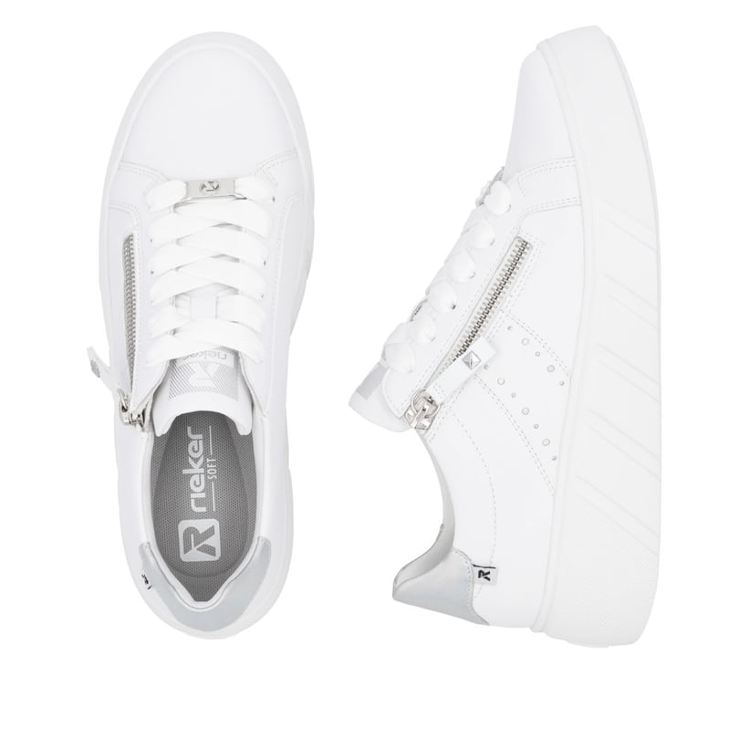 Baskets basses Rieker blanches pour femme W2605-80 avec fermeture éclair. Chaussure vue de dessus, couchée.