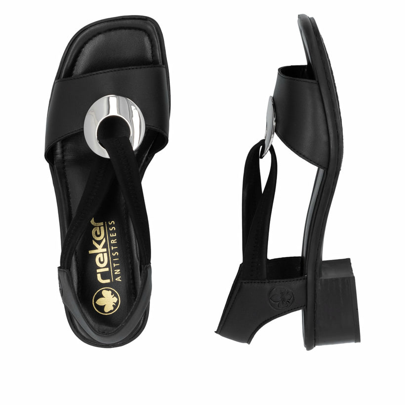Schwarze Rieker Riemchensandaletten 62662-01 mit einem Gummizug. Schuh von oben, liegend.