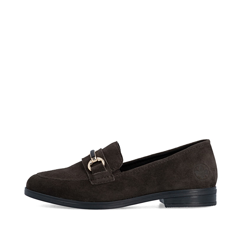 Dunkelbraune Rieker Damen Loafer 46262-25 aus Rauleder mit Schmuckelementen. Schuh Außenseite.