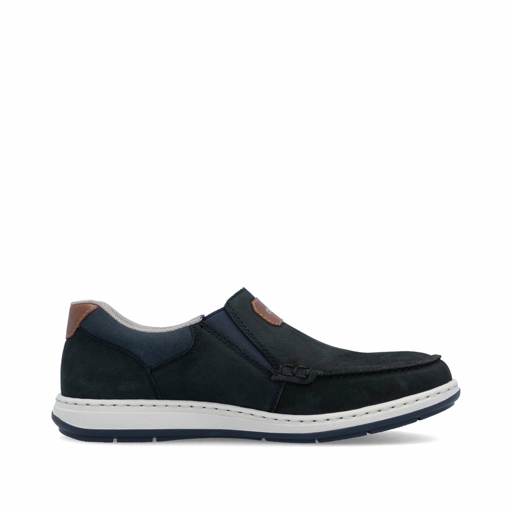 Blaue Rieker Herren Slipper 17368-14 mit einem Gummizug sowie der Extraweite H. Schuh Innenseite.