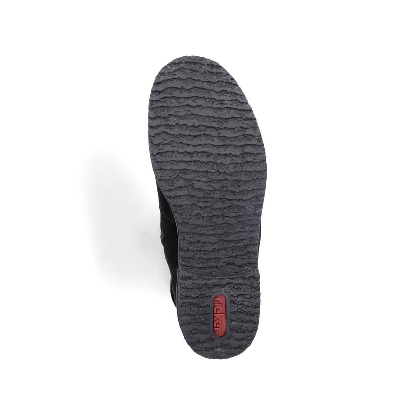 Graphitschwarze Rieker Damen Kurzstiefel 73560-00 mit einer robusten Profilsohle. Schuh Laufsohle