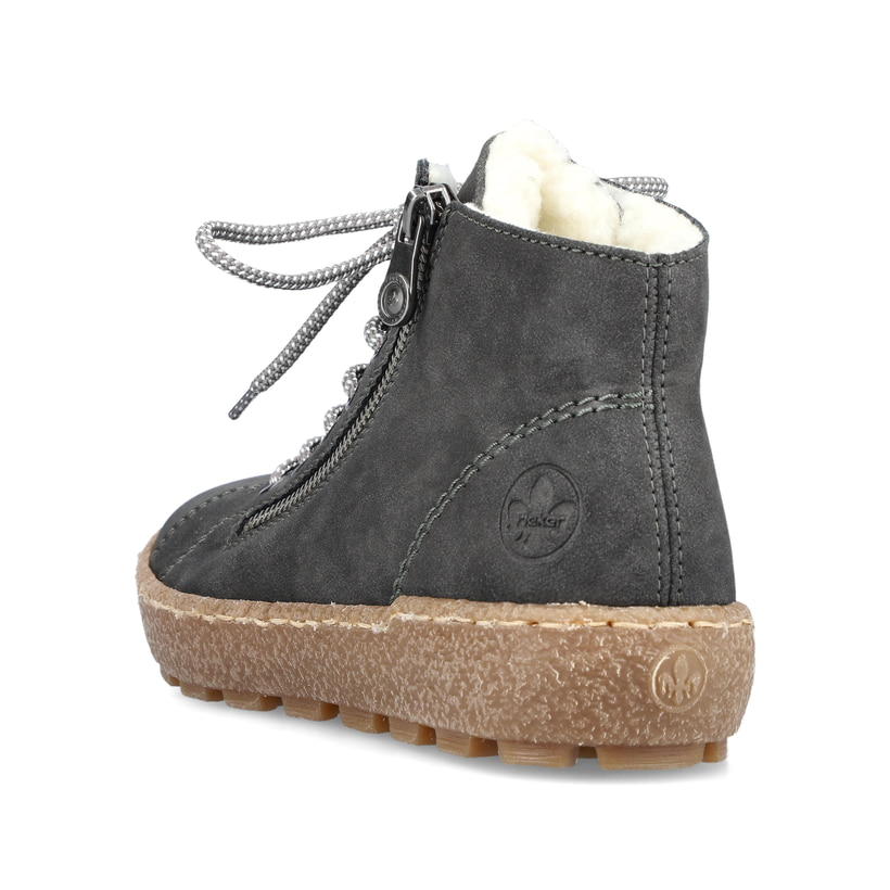 Asphaltgraue Rieker Damen Schnürschuhe N1020-45 mit Schnürung und Reißverschluss. Schuh von hinten