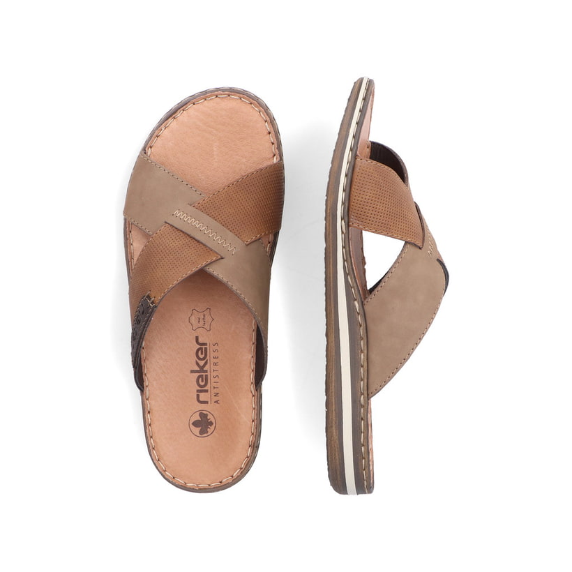 Braune Rieker Herren Pantoletten 21088-25 mit der Komfortweite G. Schuh von oben, liegend.