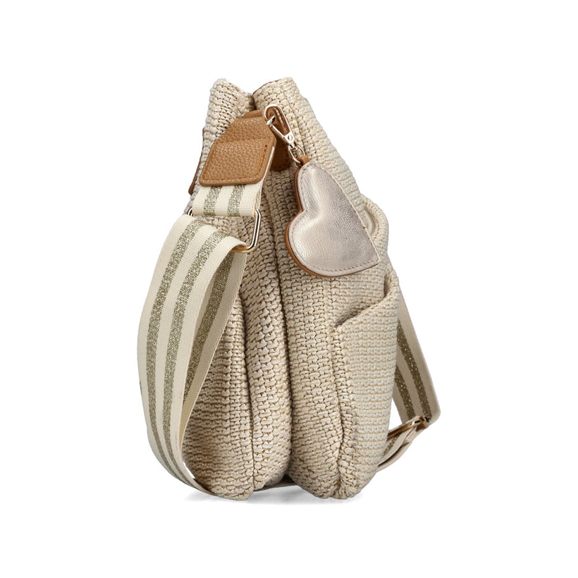Sac à bandoulière Rieker H1004-62 beige avec fermeture éclair et pendentif en forme de cœur amovible. Côté droit.