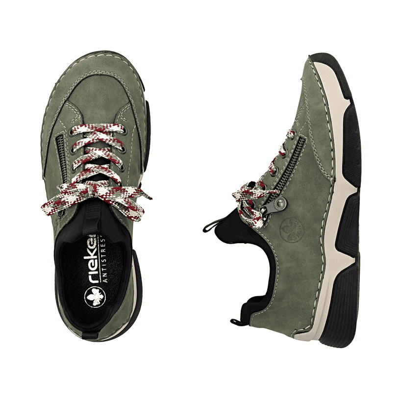 Mocassins Rieker verts pour femme 45973-54 avec bande élastique. Chaussure vue de dessus, couchée.