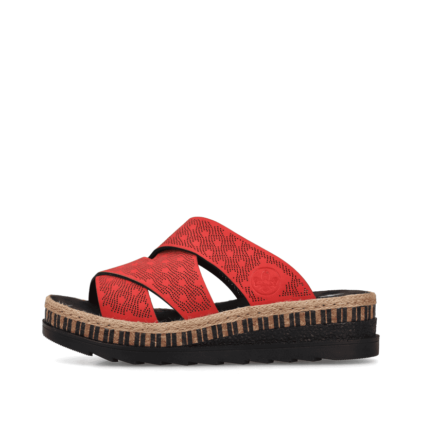 Rote Rieker Damen Pantoletten V7970-33 mit der schmalen Passform E 1/2. Schuh Außenseite.