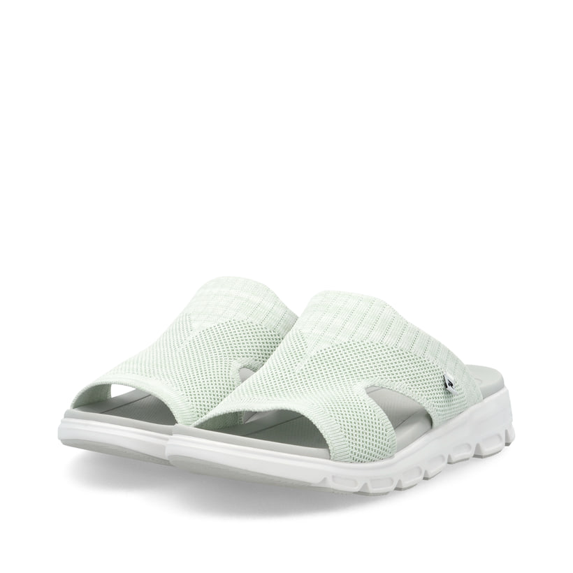 Rosane waschbare Rieker Damen Pantoletten V8451-53 mit einem Gummizug. Schuhpaar seitlich schräg.