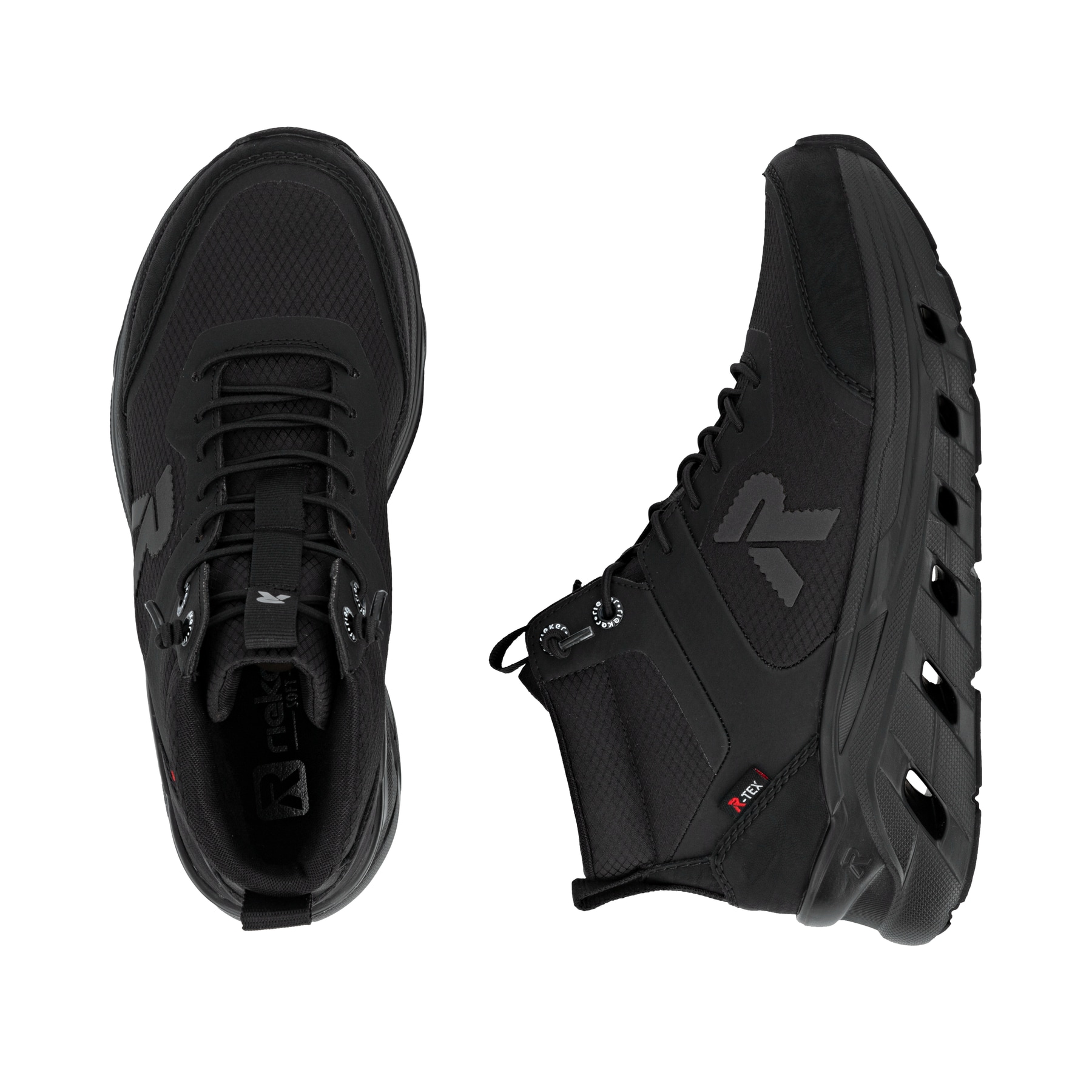 Schwarze Rieker Damen Sneaker High W3570-01 mit wasserabweisender TEX-Membran. Schuh von oben, liegend.