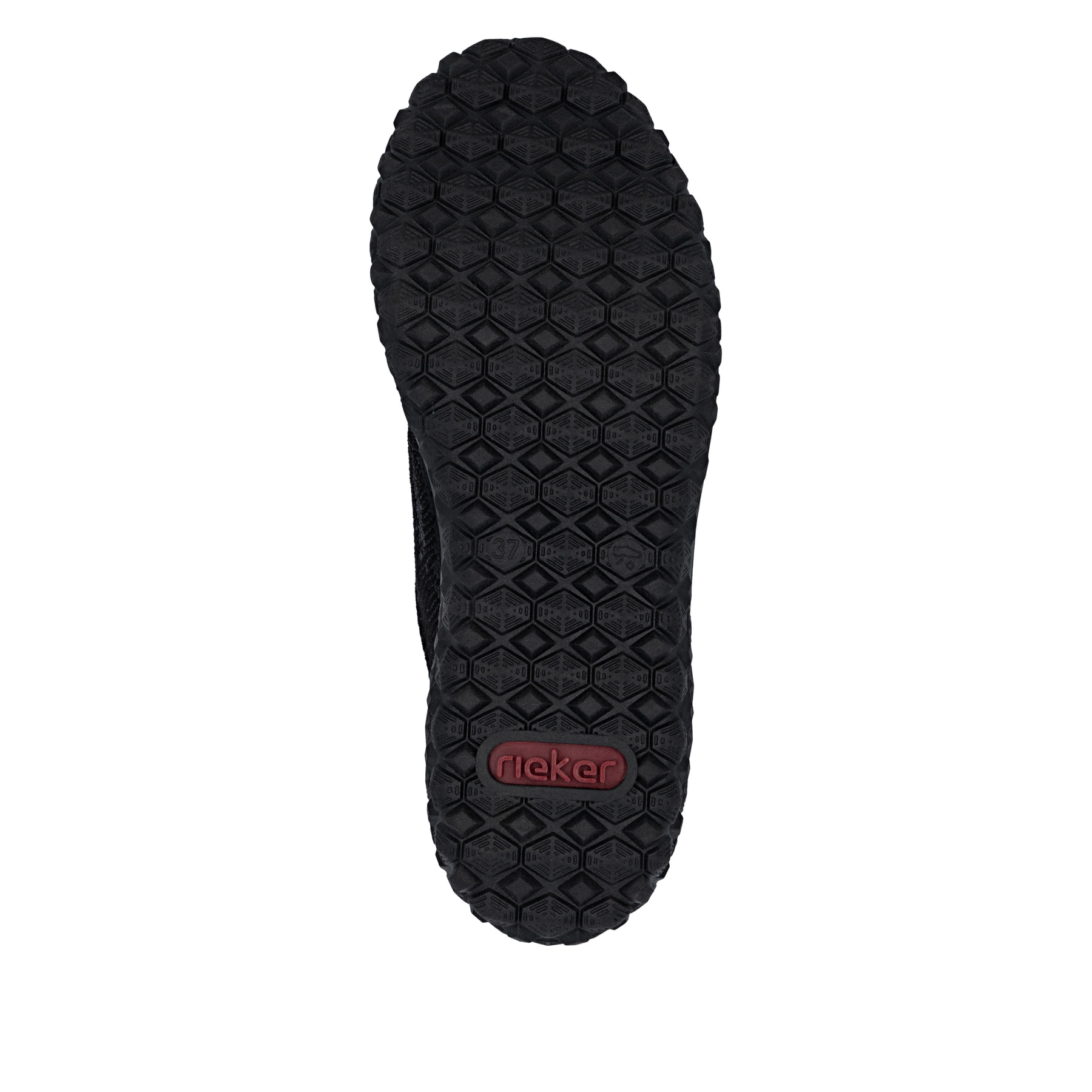 Baskets basses Rieker noires pour femmes 59501-00 avec fermeture éclair. Semelle extérieure de la chaussure.