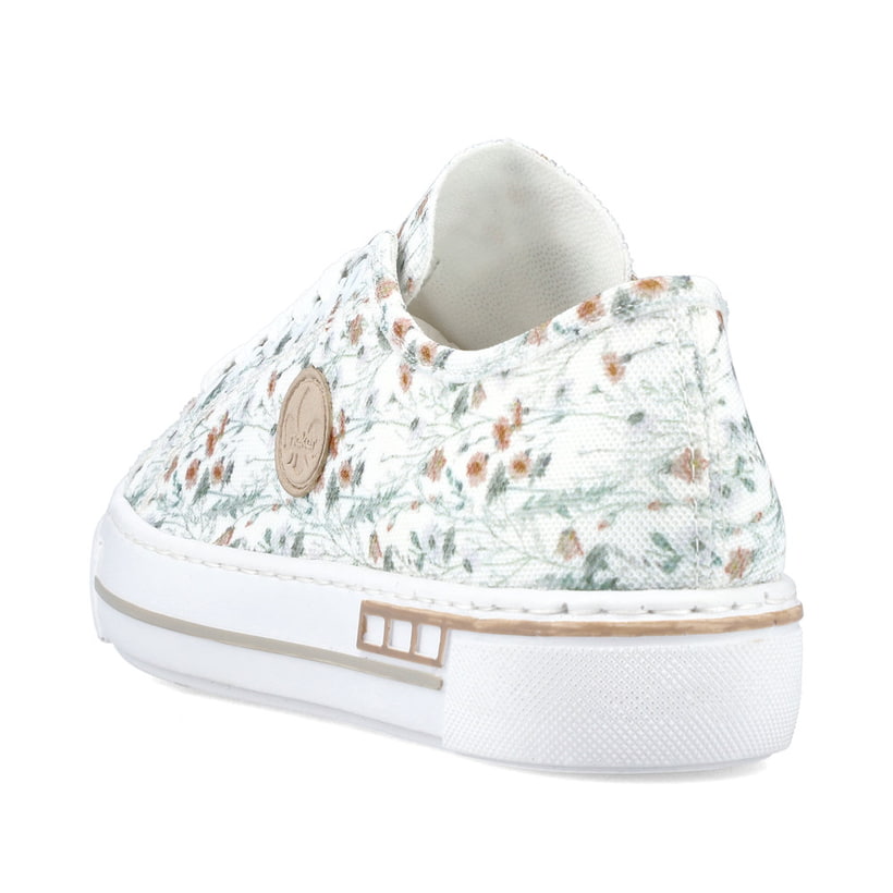 Weiße Rieker Damen Sneaker Low L8843-90 mit Schnürung sowie floralem Muster. Schuh von hinten.