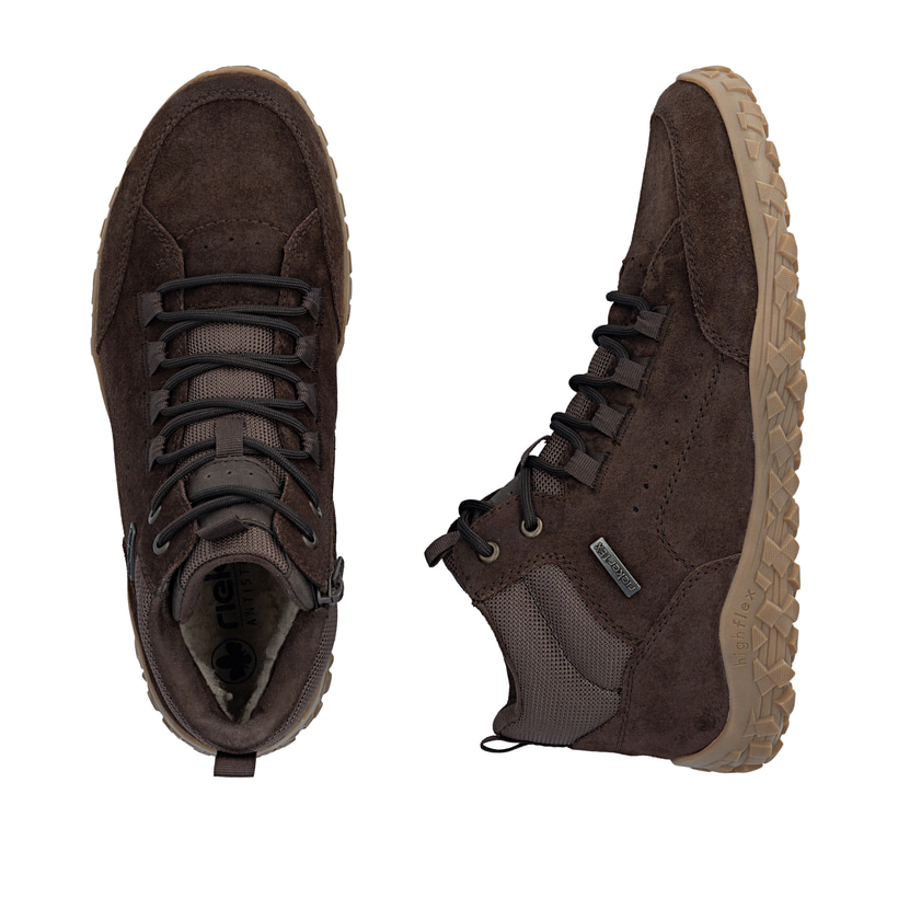 Dunkelbraune Rieker Herren Schnürstiefel 08102-25 aus Rauleder. Schuh von oben, liegend.