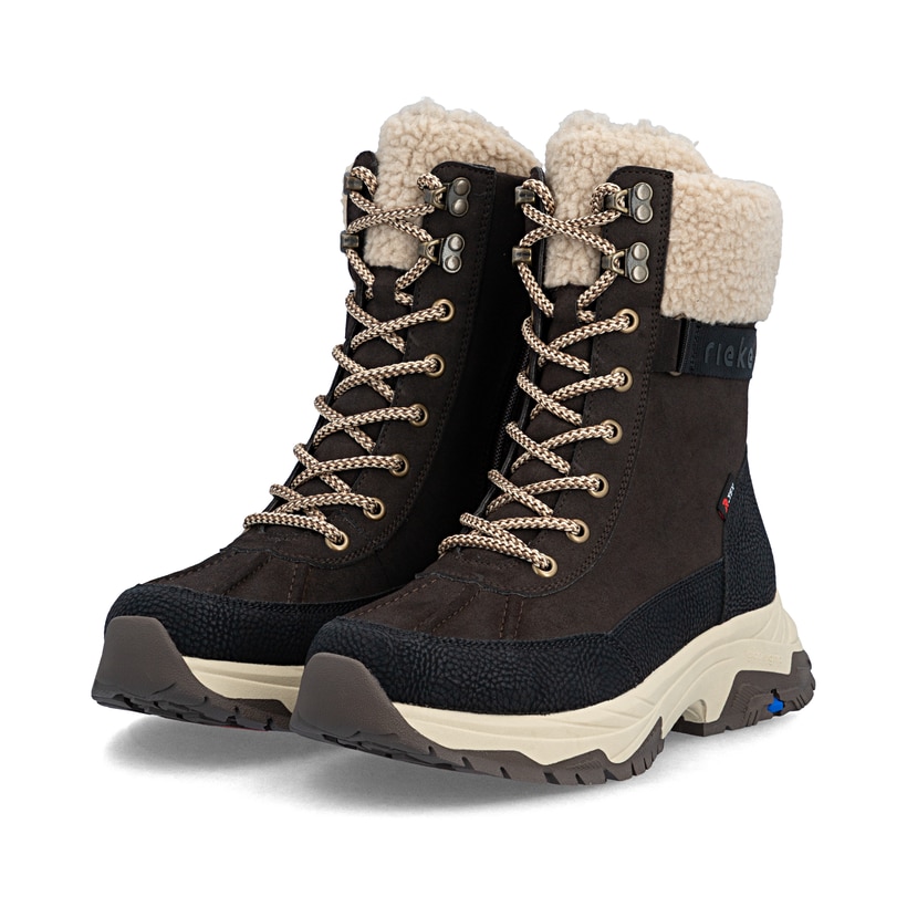 Dunkelbraun-beige Rieker Damen Schnürstiefel Z3901-25 mit dem Glacier Grip. Schuhpaar seitlich schräg.