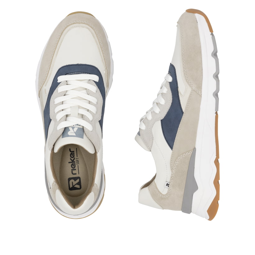 Beige Rieker Herren Sneaker Low U0906-81 mit Schnürung sowie flexibler Sohle. Schuh von oben, liegend.
