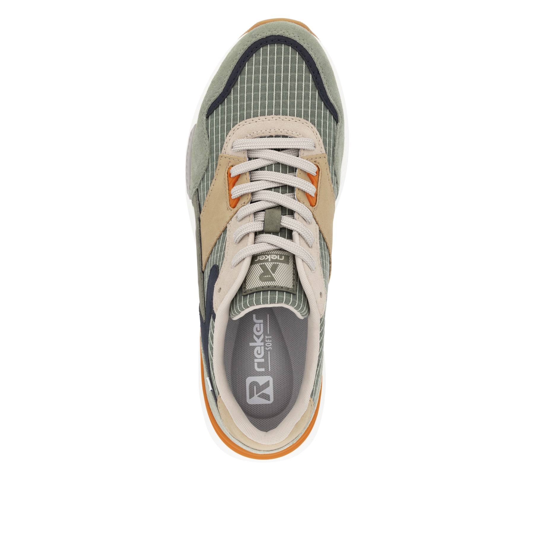Grüne Rieker Herren Sneaker Low U1402-54 mit Schnürung sowie flexibler Sohle. Schuh von oben.