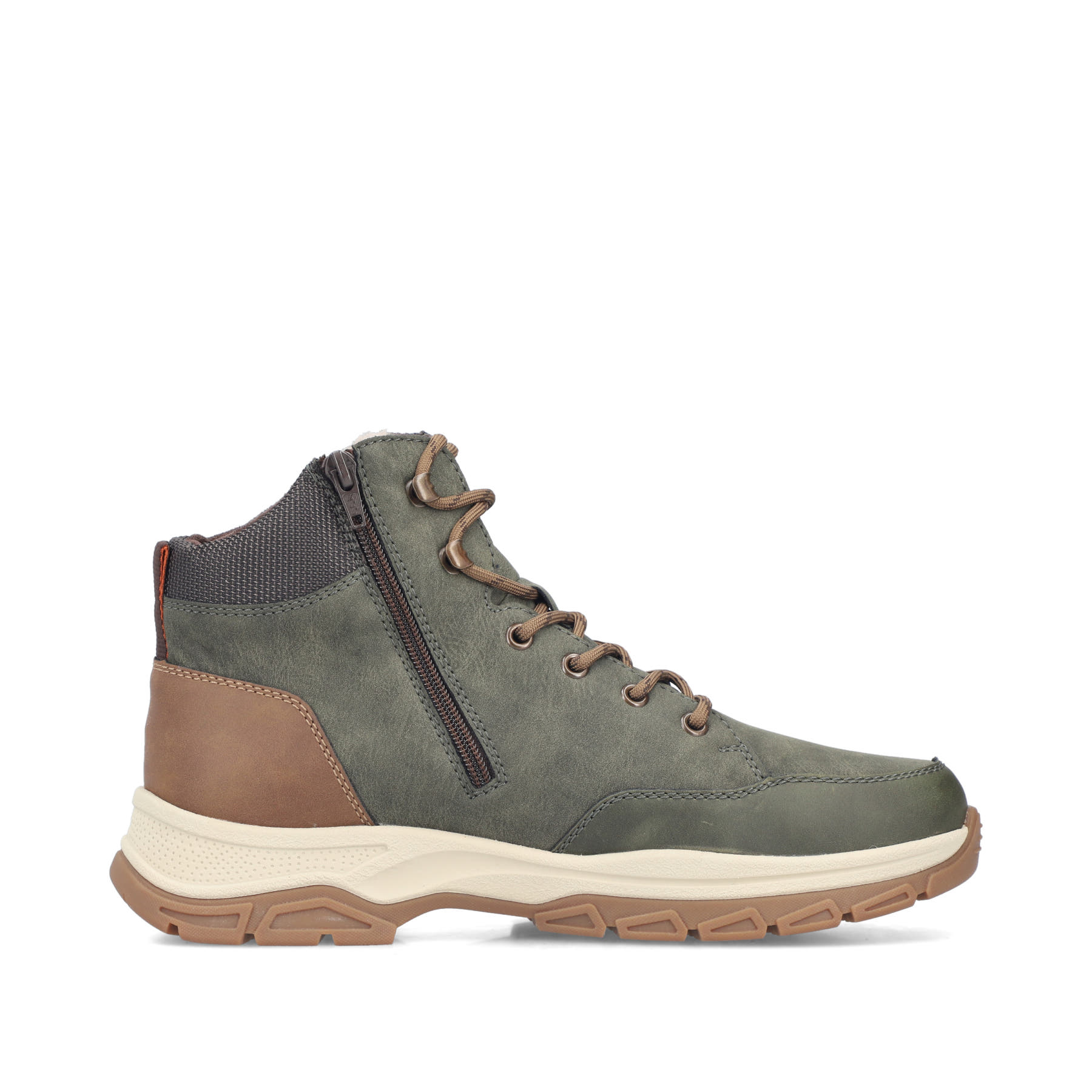 Dunkelgrün-schwarze Rieker Herren Schnürstiefel 30212-54 mit Reißverschluss. Schuh Innenseite.