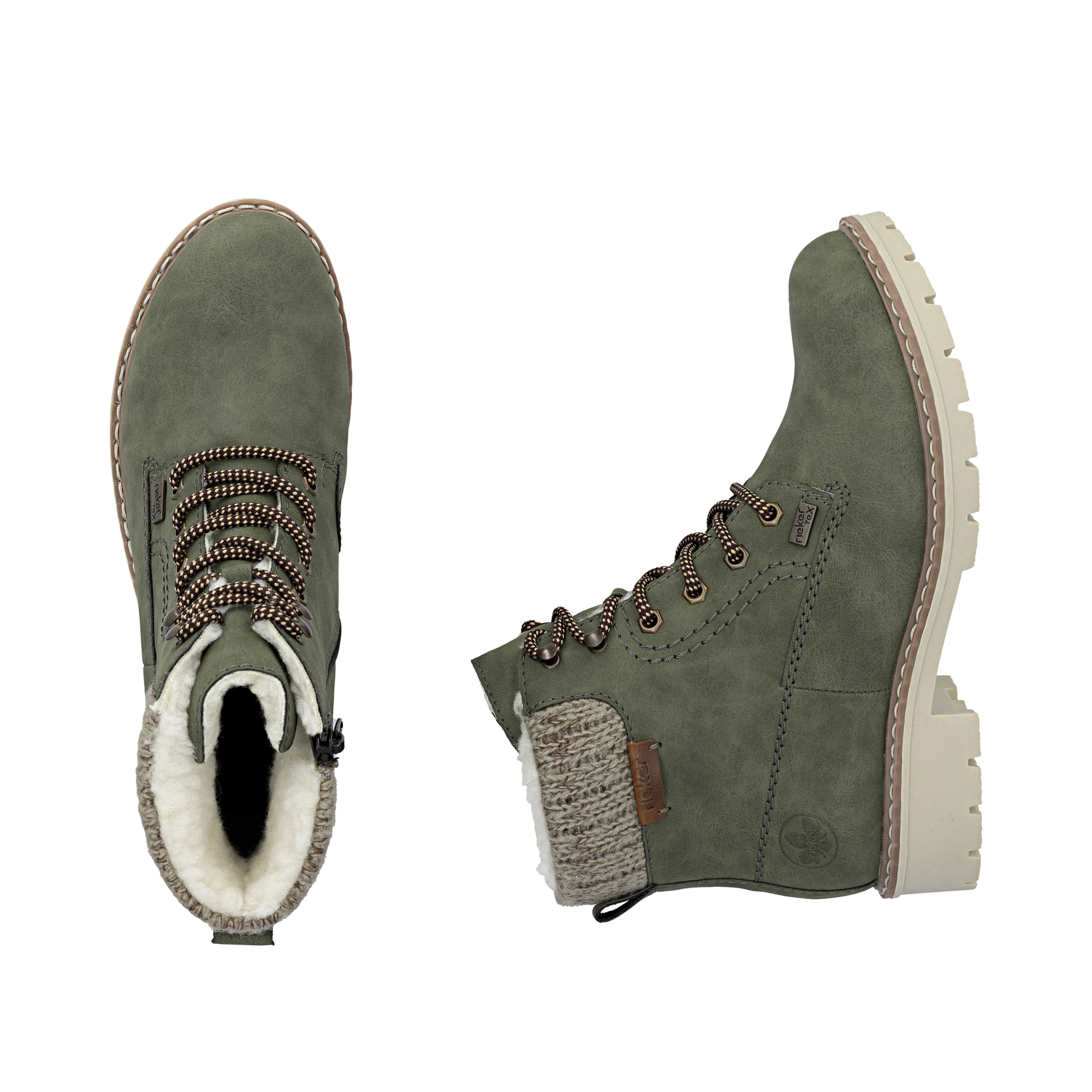 Hellgrüne Rieker Damen Schnürstiefel Y9118-54 mit wasserabweisender TEX-Membran. Schuh von oben, liegend.