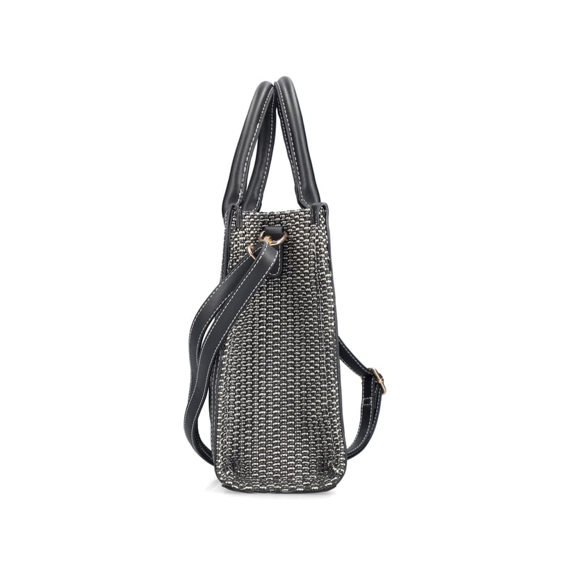 Sac à main Rieker H1013-92 noir avec style raphia et fermeture éclair. Ouvert.