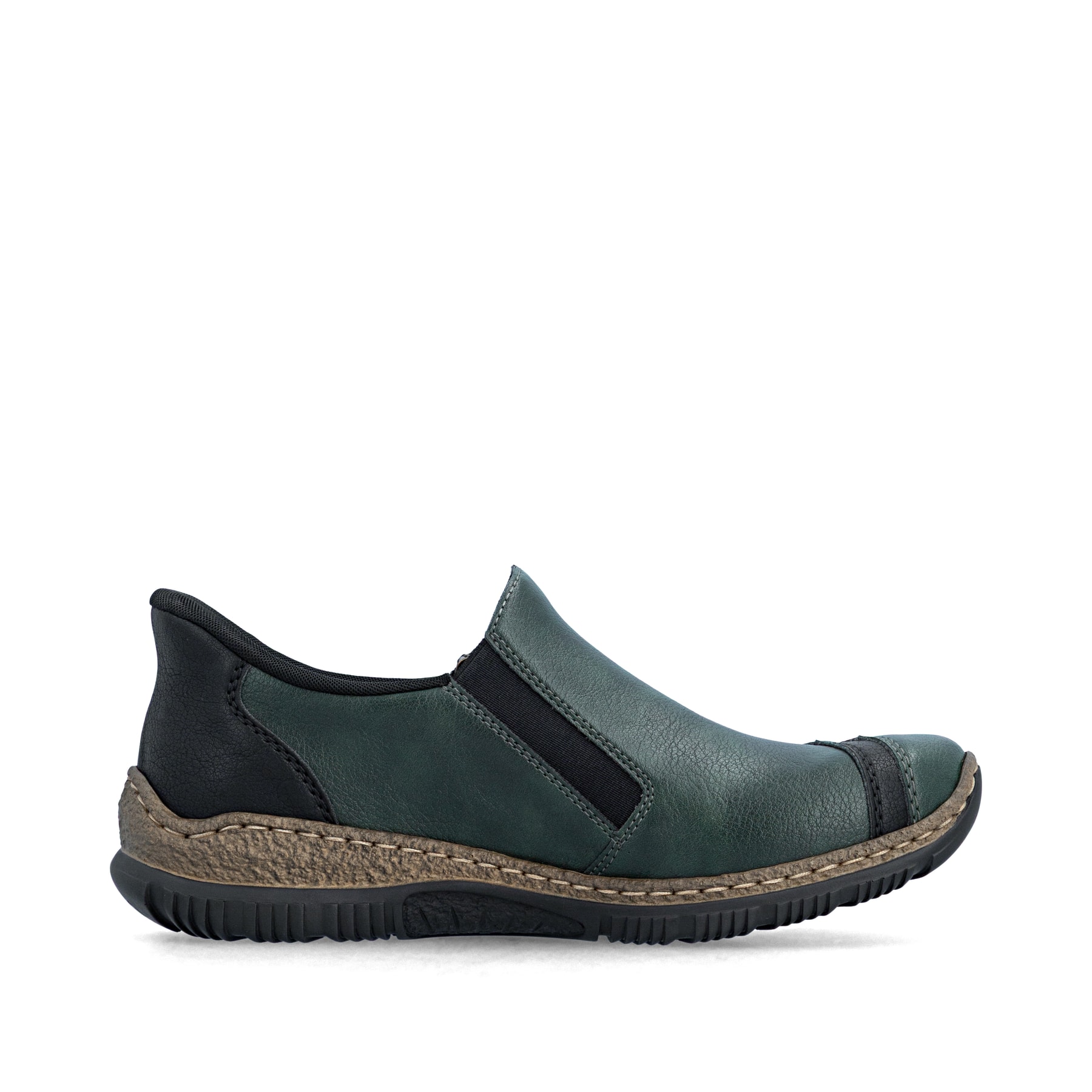 Dunkelgrün-schwarze Rieker Damen Slipper N3265-54 mit Ready2GO Anziehkomfort. Schuh Innenseite.