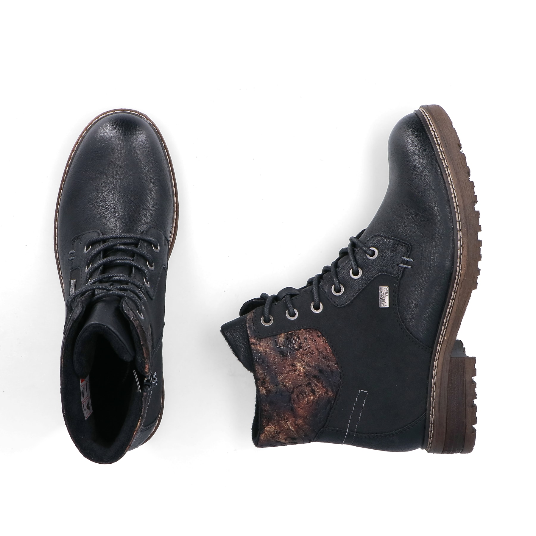 Schwarze Rieker Damen Schnürstiefel 94712-00 mit wasserabweisender TEX-Membran. Schuh von oben, liegend.