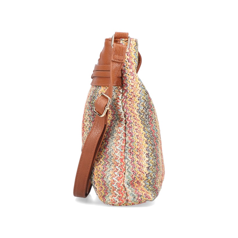Sac à bandoulière Rieker H1519-90 multi avec un aspect tissé coloré et deux compartiments principaux. Côté gauche.