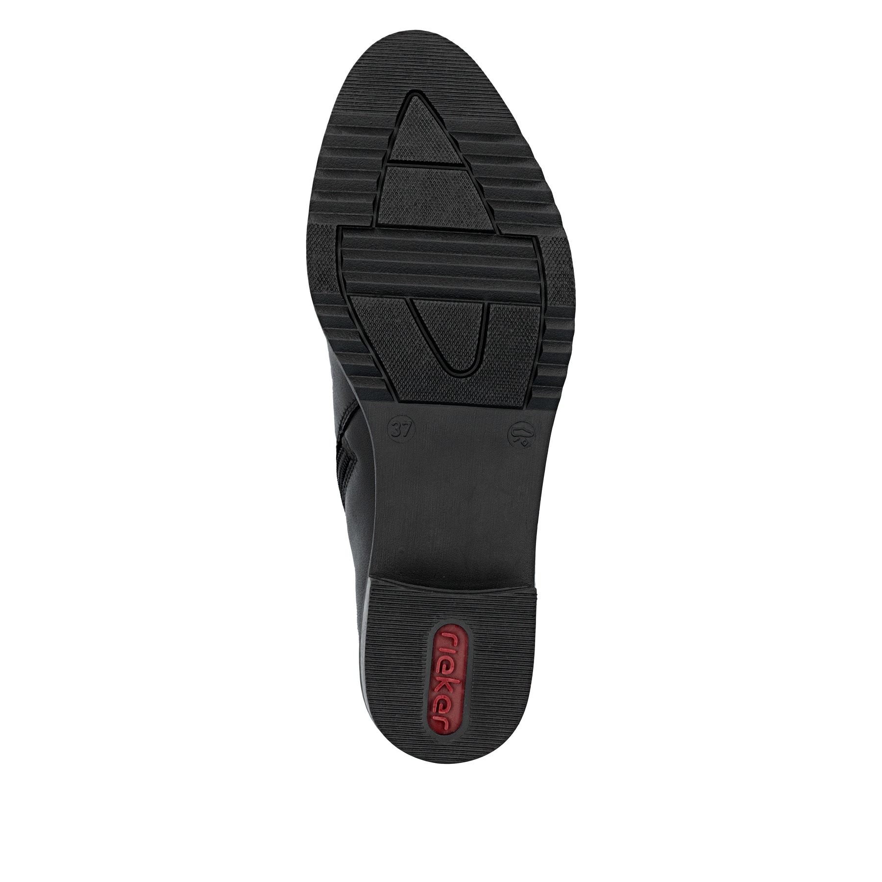 Bottines Rieker noires femme Y0552-00 en cuir lisse avec fermeture éclair. Semelle extérieure de la chaussure.