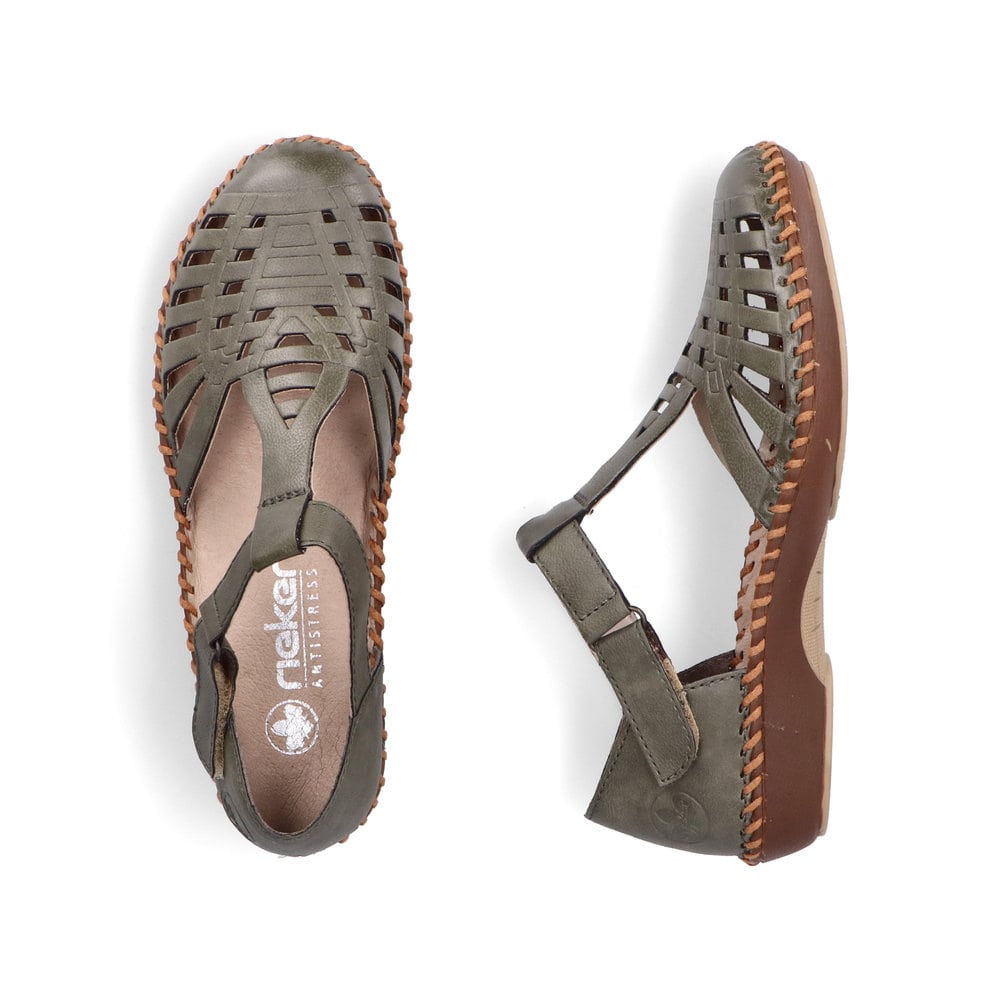 Grüne Rieker Damen Riemchensandalen M1688-54 mit einem Klettverschluss. Schuh von oben, liegend.