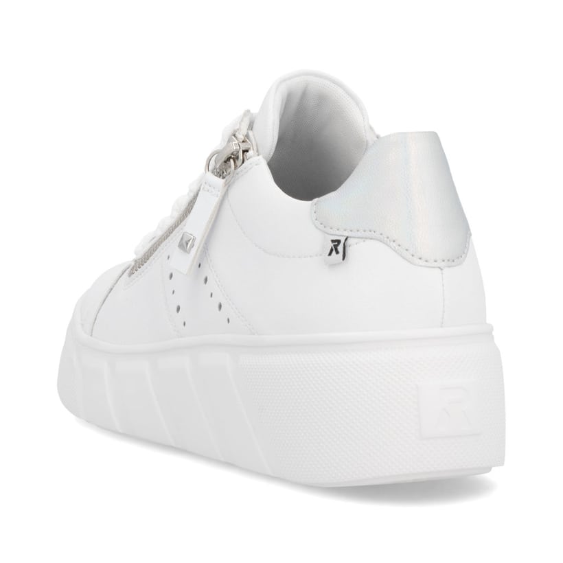 Baskets basses Rieker blanches pour femme W2605-80 avec fermeture éclair. Chaussure vue de l'arrière.