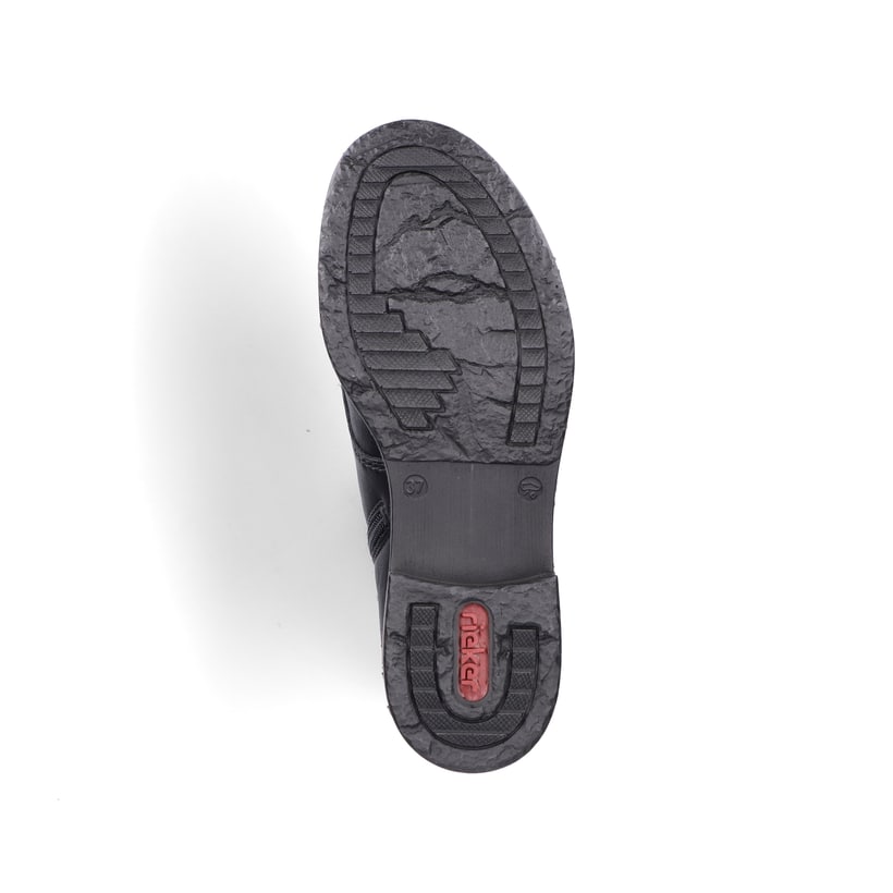 Bottes à lacets Rieker noires pour femme 71218-00 avec fermeture éclair. Semelle extérieure de la chaussure.