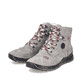 Mondgraue Rieker Damen Schnürstiefel 51544-64 mit einem Reißverschluss. Schuhpaar seitlich schräg.