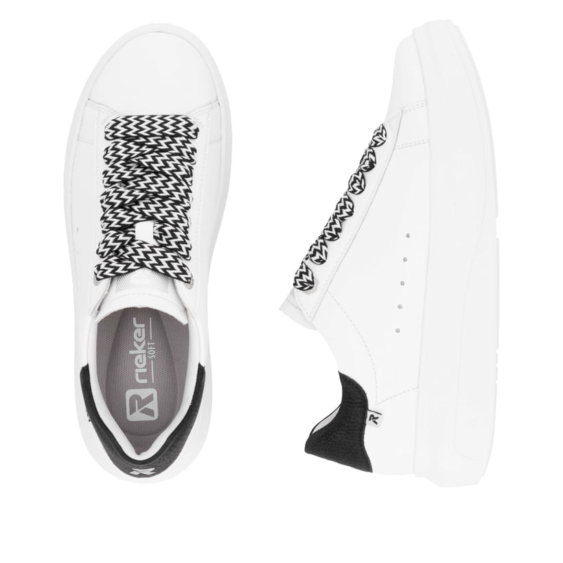 Weiße Rieker Damen Sneaker Low W1201-80 mit einer Schnürung. Schuh von oben, liegend.