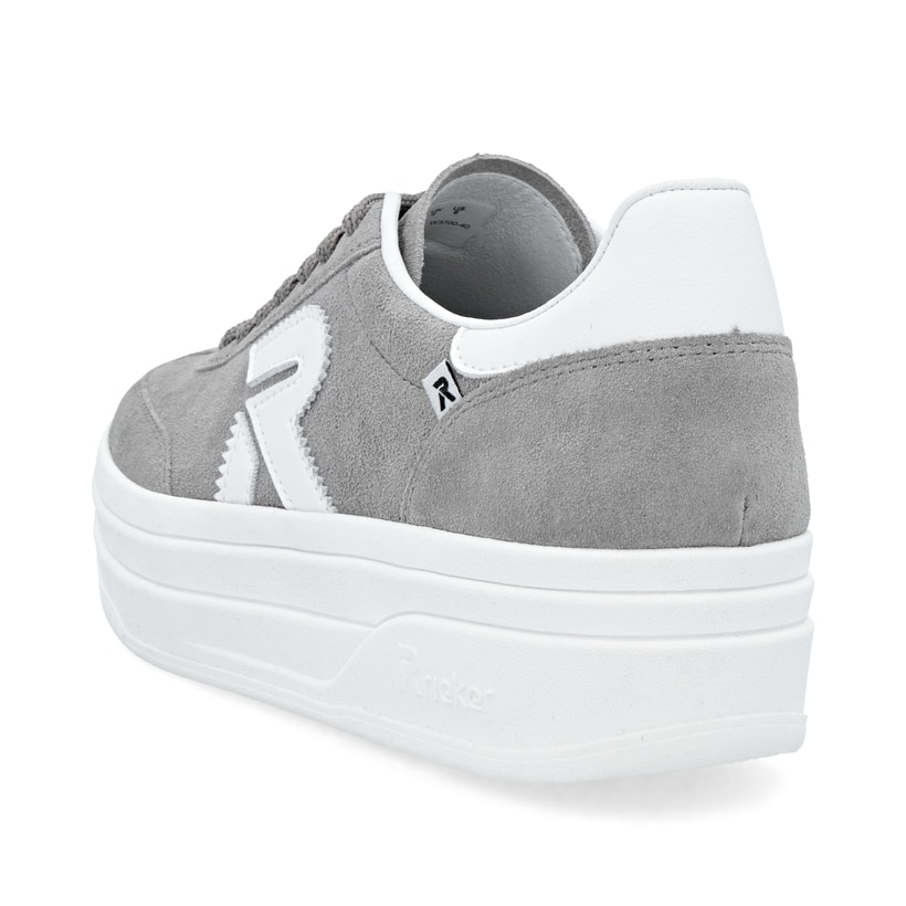 Graue Rieker Damen Sneaker Low W3700-40 mit einer Schnürung. Schuh von hinten.