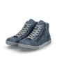 Hellblaue Rieker Damen Schnürstiefel Z1221-14 mit schwarzen Nähten. Schuhpaar seitlich schräg.