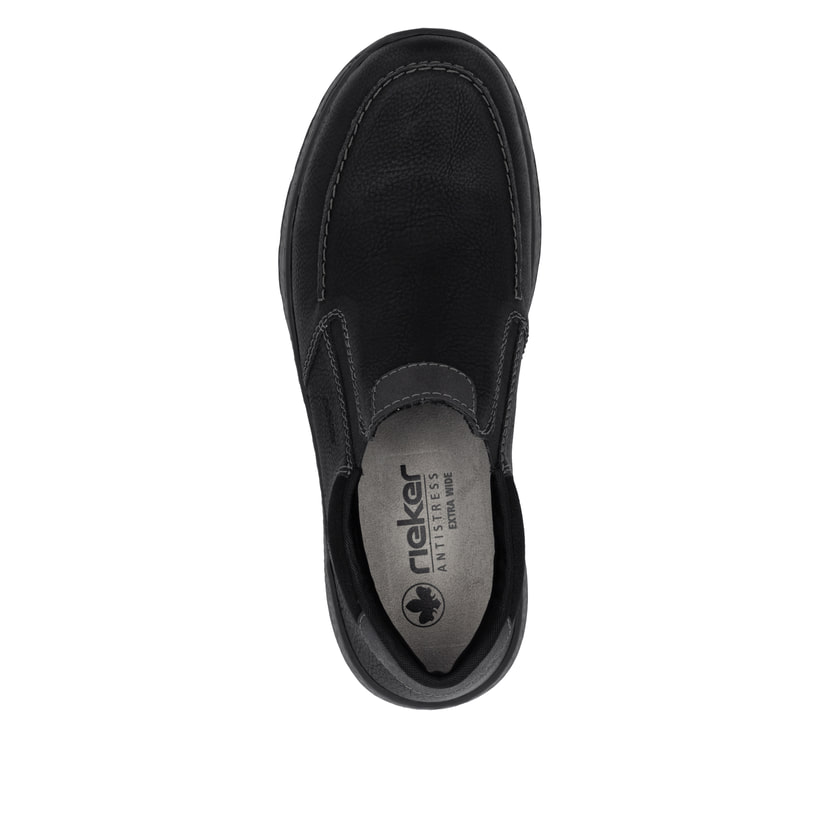 Mocassins Rieker noirs pour homme B9062-00 avec bande élastique. Semelle extérieure de la chaussure.