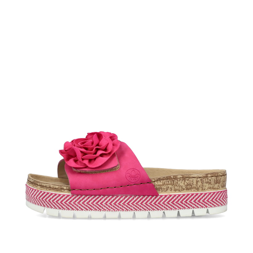 Rosane Rieker Damen Pantoletten 69562-31 mit dekorativer Blume. Schuh Außenseite.