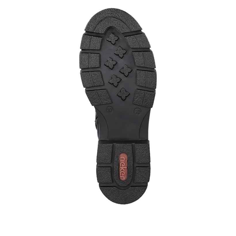 Schwarze Rieker Damen Kurzstiefel Z9174-00 mit Zierschnalle sowie Reißverschluss. Schuh Laufsohle.