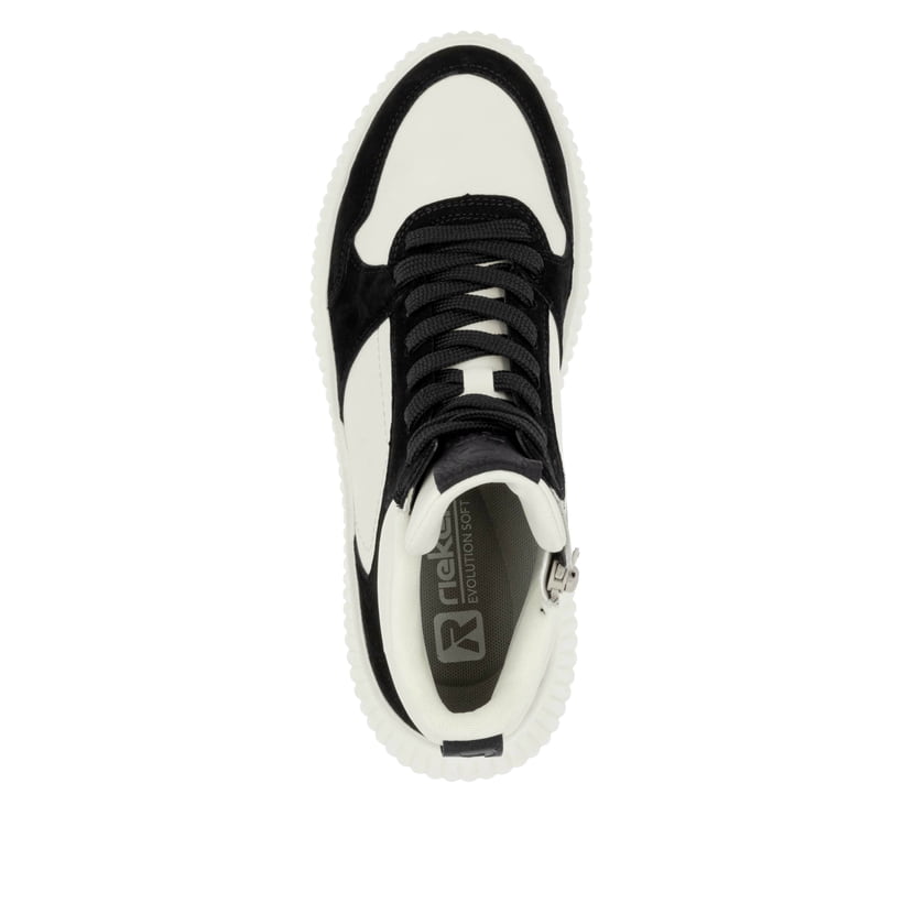Weiße Rieker Damen Sneaker High W1770-60 mit einer super leichten Plateausohle. Schuh von oben.
