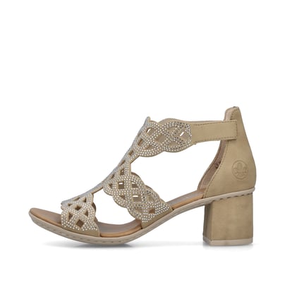 Beige Rieker Riemchensandaletten 64773-61 mit Strasssteinen. Schuh Außenseite.