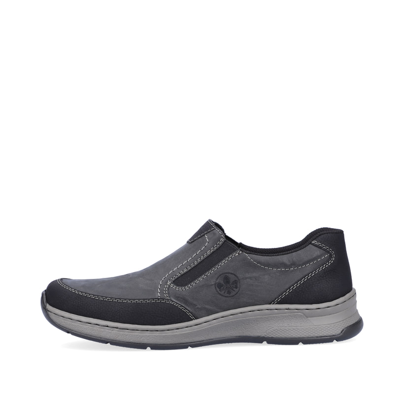 
Asphaltschwarze Rieker Herren Slipper 14362-00 mit einer sehr leichten Sohle. Schuh Außenseite