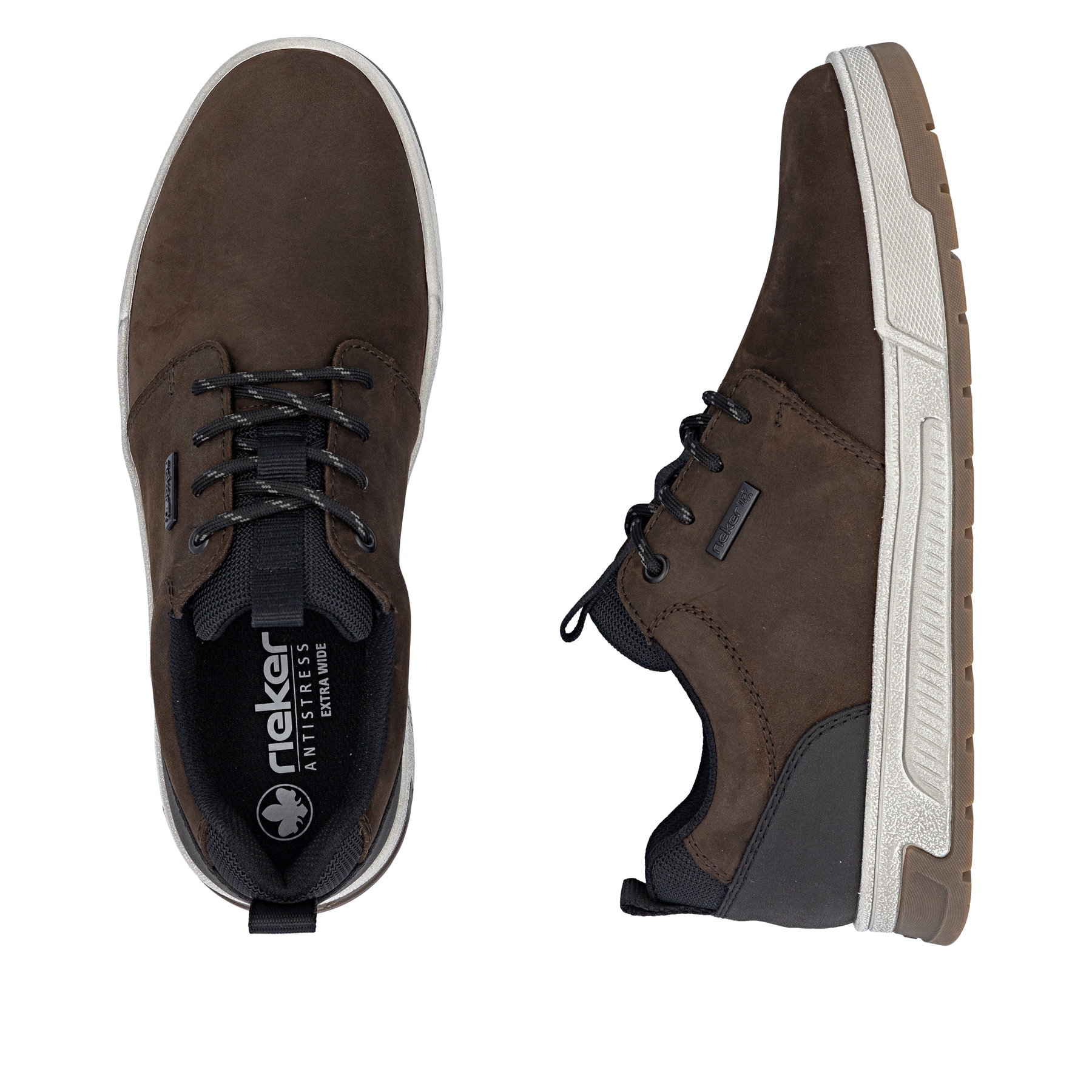 Dunkelbraune Rieker Herren Sneaker Low 36005-25 aus Rauleder. Schuh von oben, liegend.