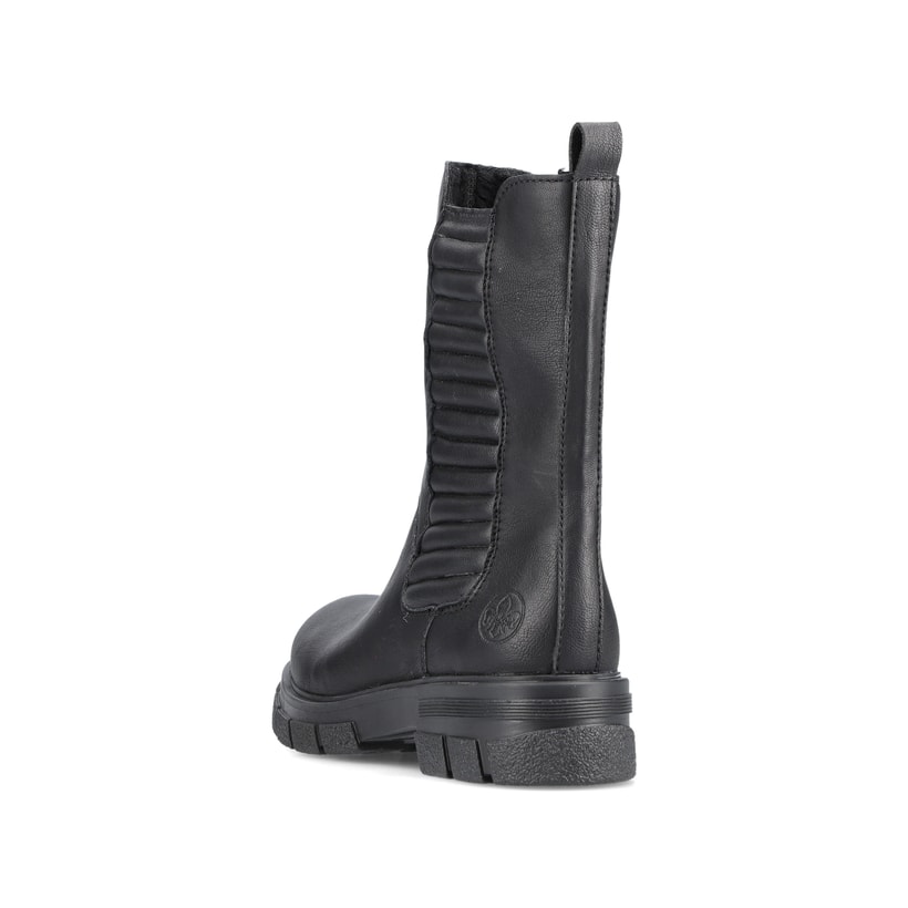 Tiefschwarze Rieker Damen Chelsea Boots Z9181-00 mit einer robusten Profilsohle. Schuh von hinten
