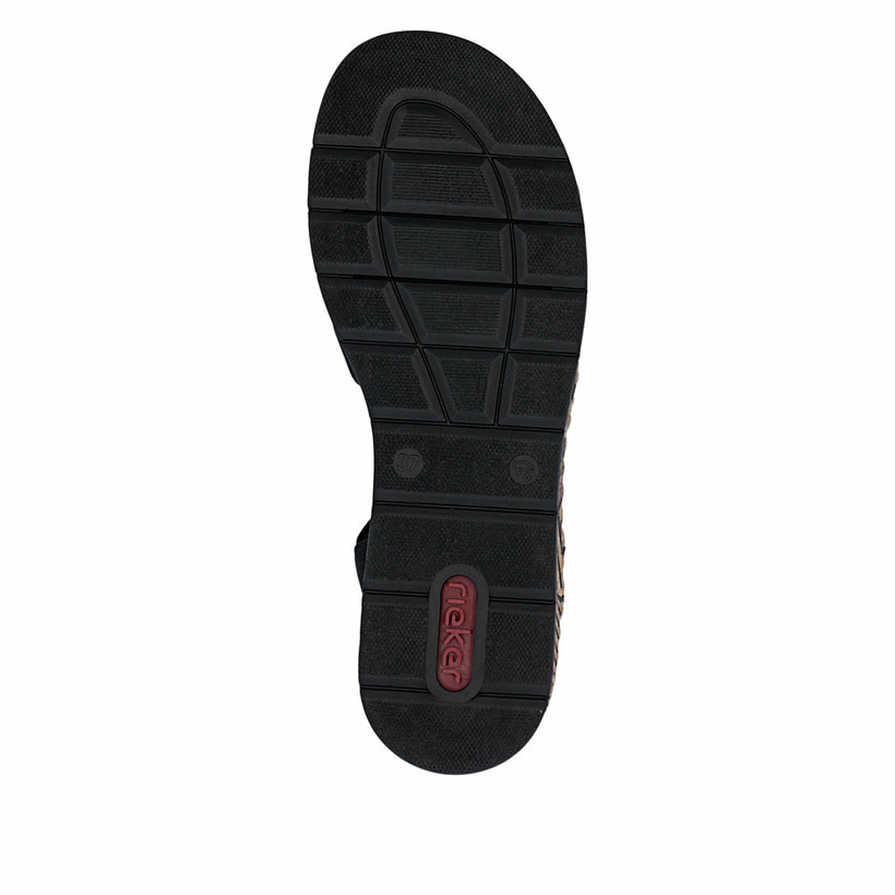 Schwarze Rieker Keilsandaletten V3902-00 mit einem Gummizug. Schuh Laufsohle.