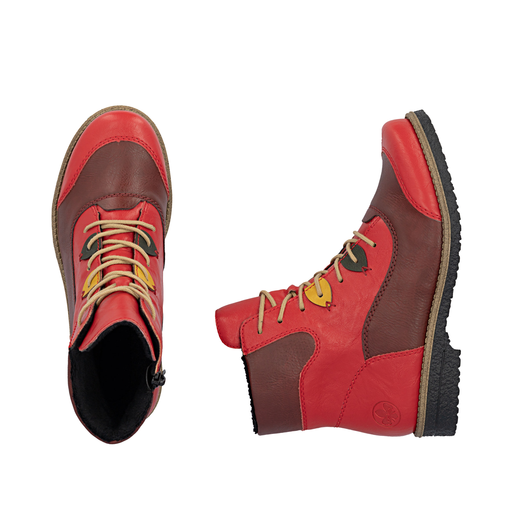 Rote Rieker Damen Schnürstiefel 73510-33 mit farbenfrohen Details. Schuh von oben, liegend.