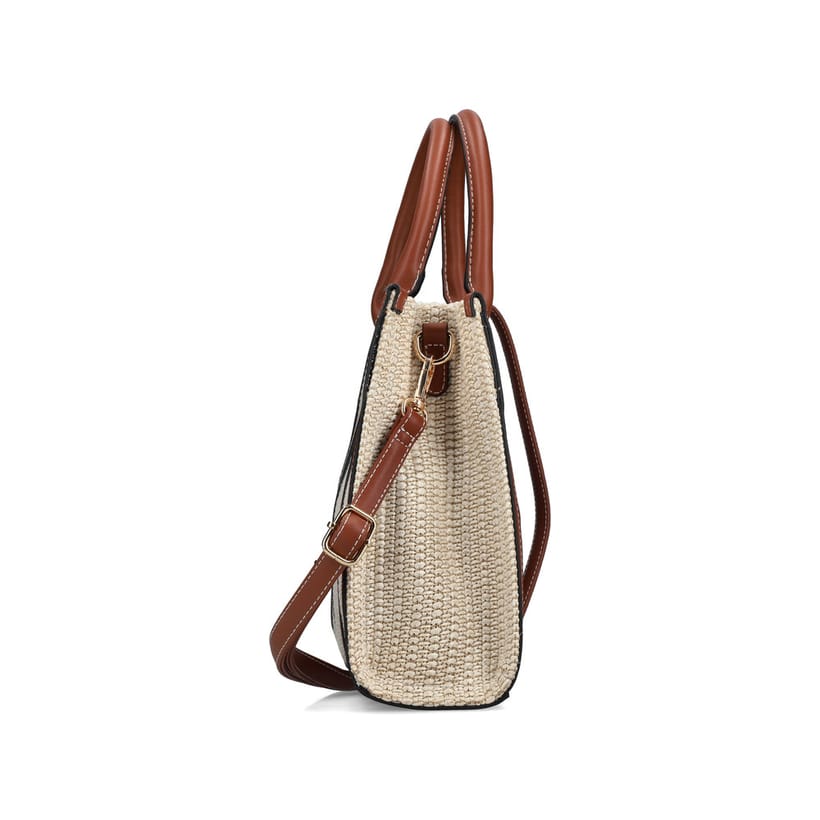 Sac à main Rieker H1013-60 beige avec aspect raphia et fermeture éclair. Côté gauche.