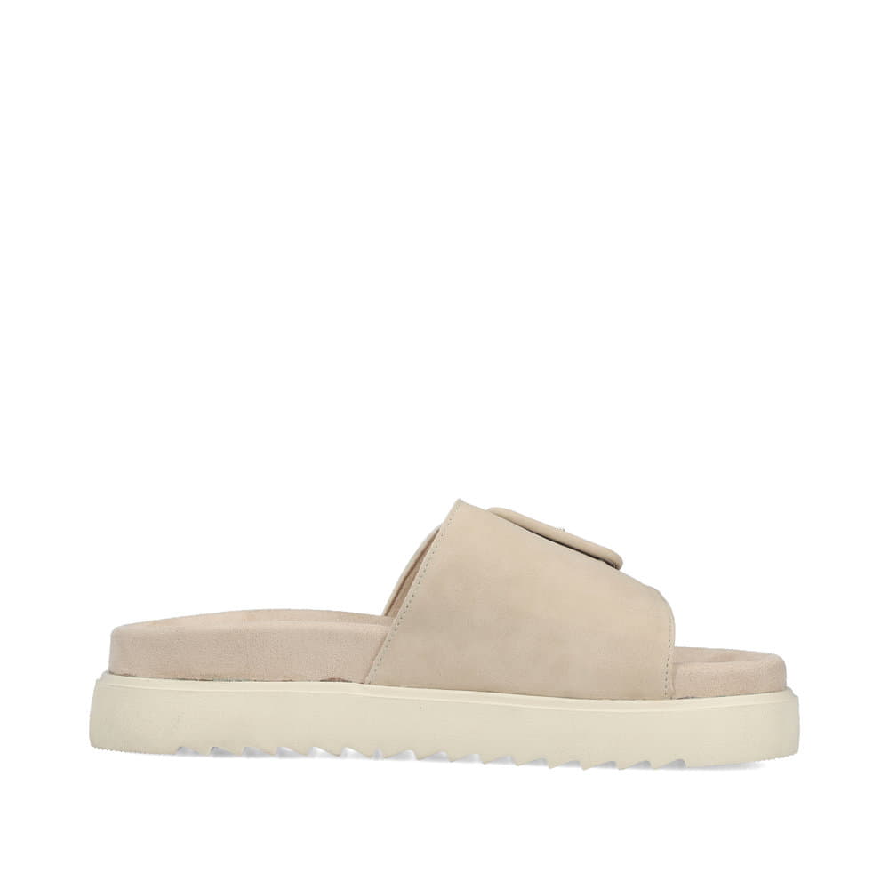 Beige Rieker Damen Pantoletten V5650-62 mit trendiger Schnalle. Schuh Innenseite.