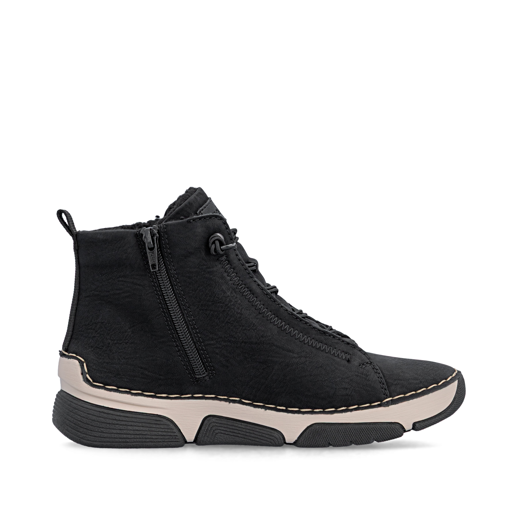 Schwarze Rieker Damen Schnürstiefel 45912-00 mit markanter Anflechter-Naht. Schuh Innenseite.