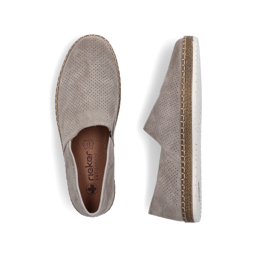 Graue Rieker Herren Slipper B5285-42 mit einem Gummizug sowie Komfortweite G 1/2. Schuh von oben, liegend.