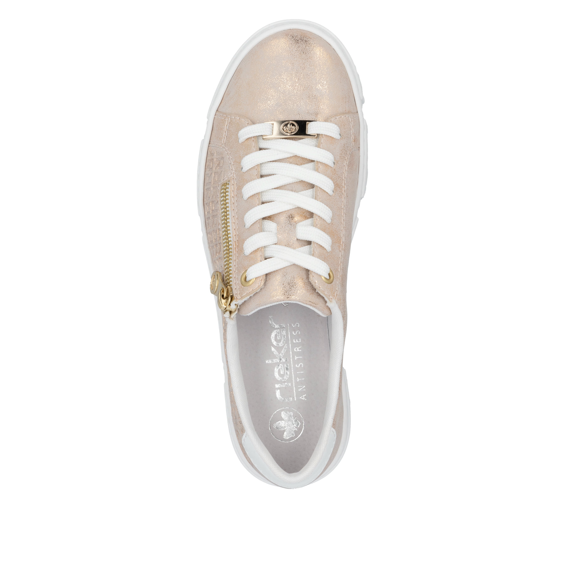 Goldene Rieker Damen Sneaker Low N5917-90 mit einem Reißverschluss. Schuh von oben.